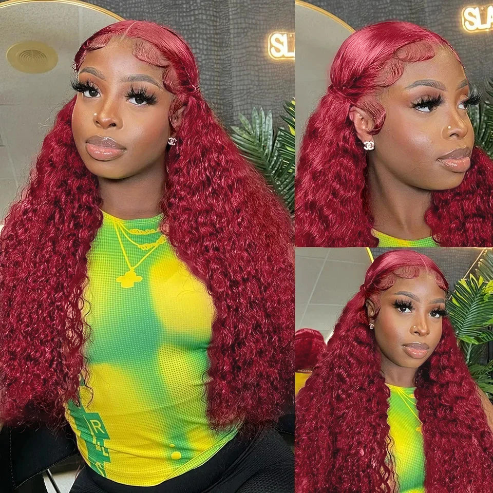 Deep Wave 99J Burgundy Color 13x6 Hd Lace Frontal Wigs Curly Human Hair Wig-4