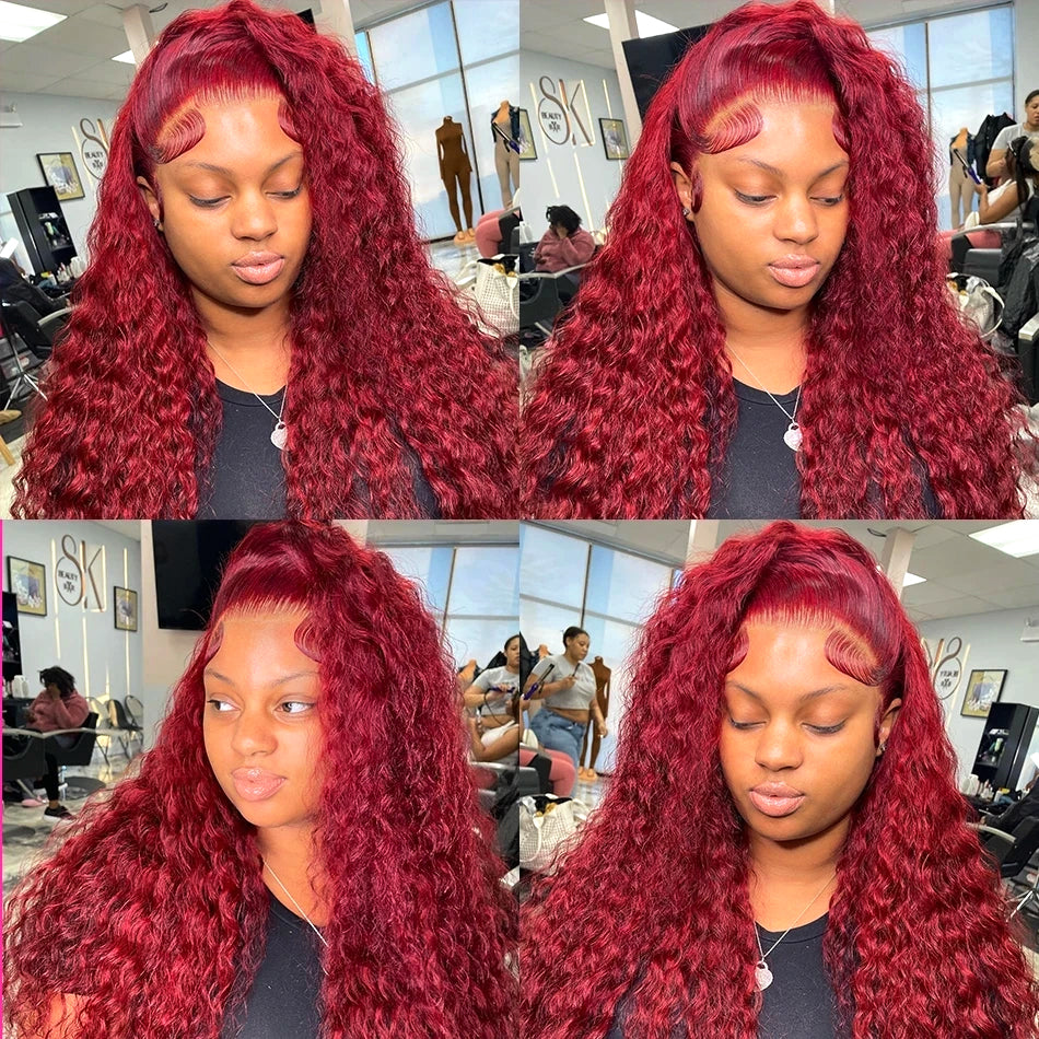 Deep Wave 99J Burgundy Color 13x6 Hd Lace Frontal Wigs Curly Human Hair Wig-5