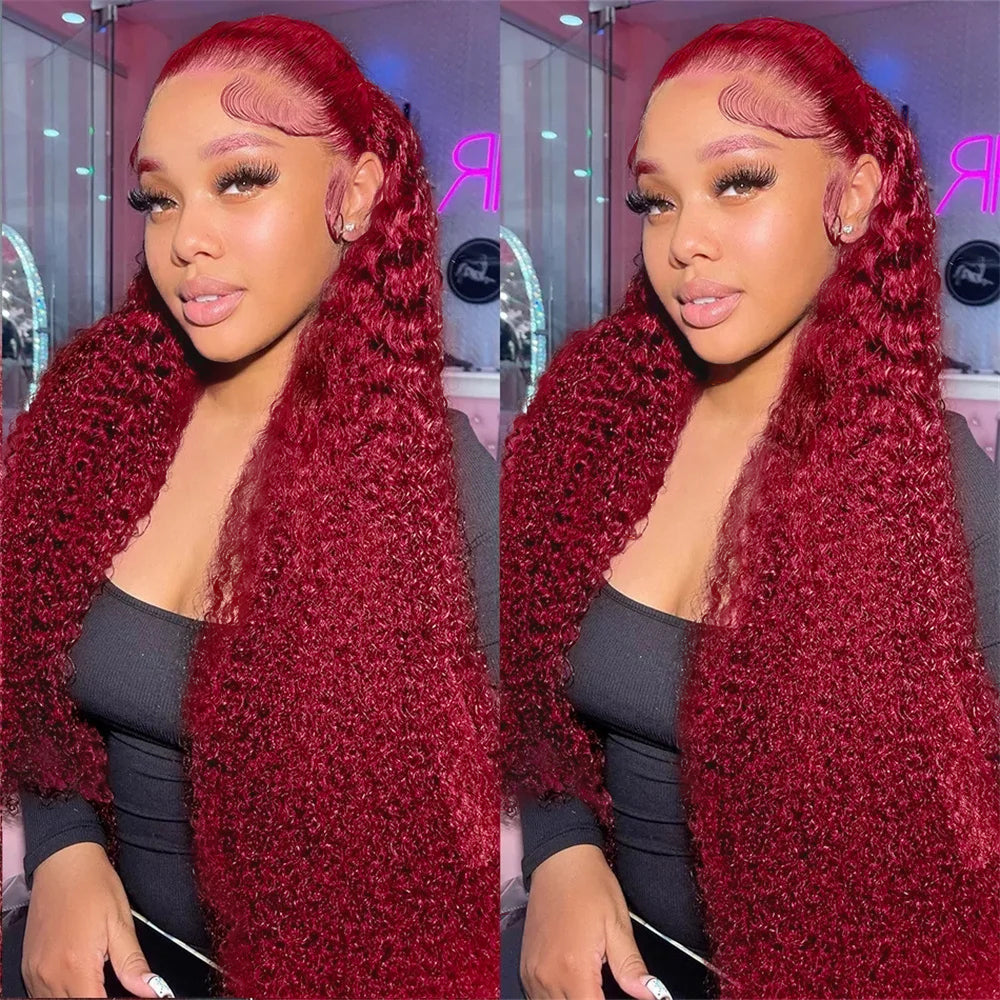 Deep Wave 99J Burgundy Color 13x6 Hd Lace Frontal Wigs Curly Human Hair Wig-6