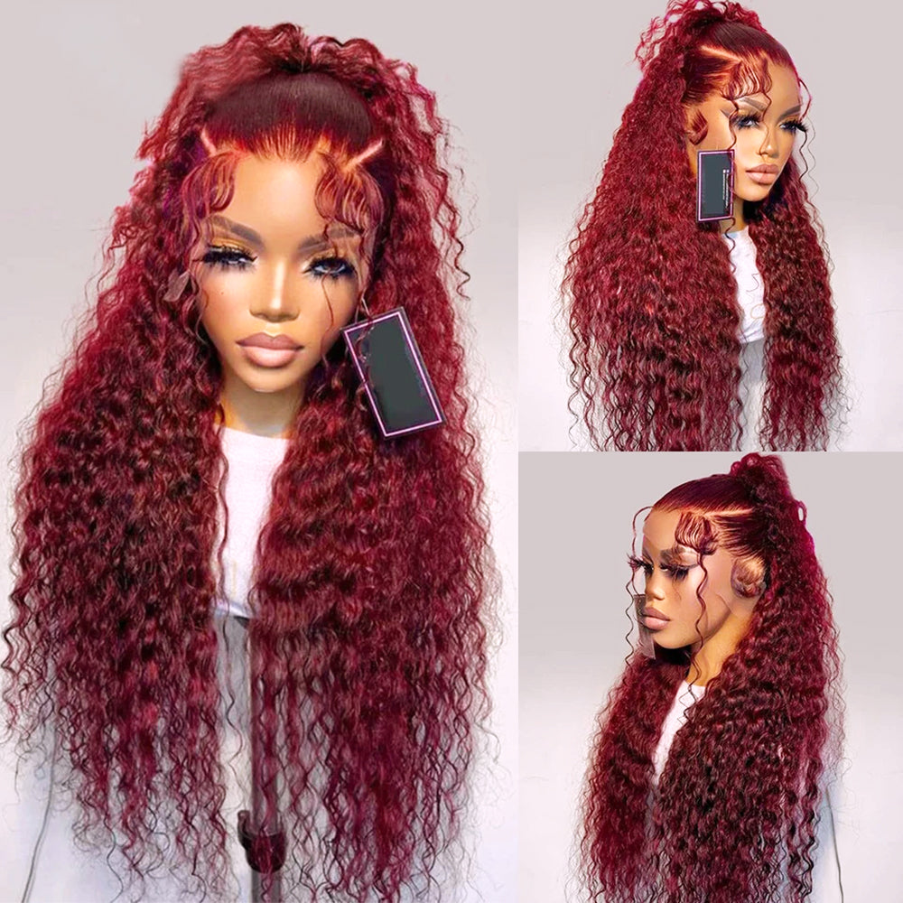 Deep Wave 99J Burgundy Color 13x6 Hd Lace Frontal Wigs Curly Human Hair Wig-3