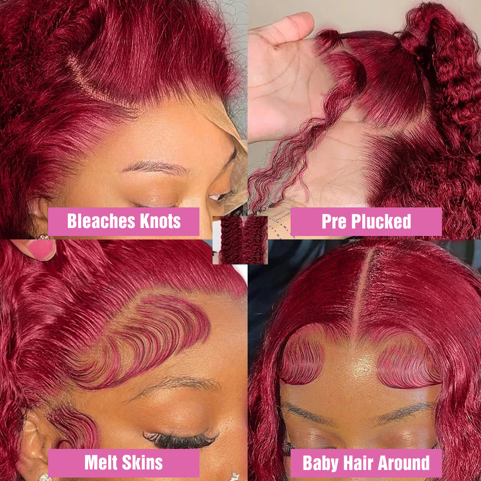 Deep Wave 99J Burgundy Color 13x6 Hd Lace Frontal Wigs Curly Human Hair Wig-7